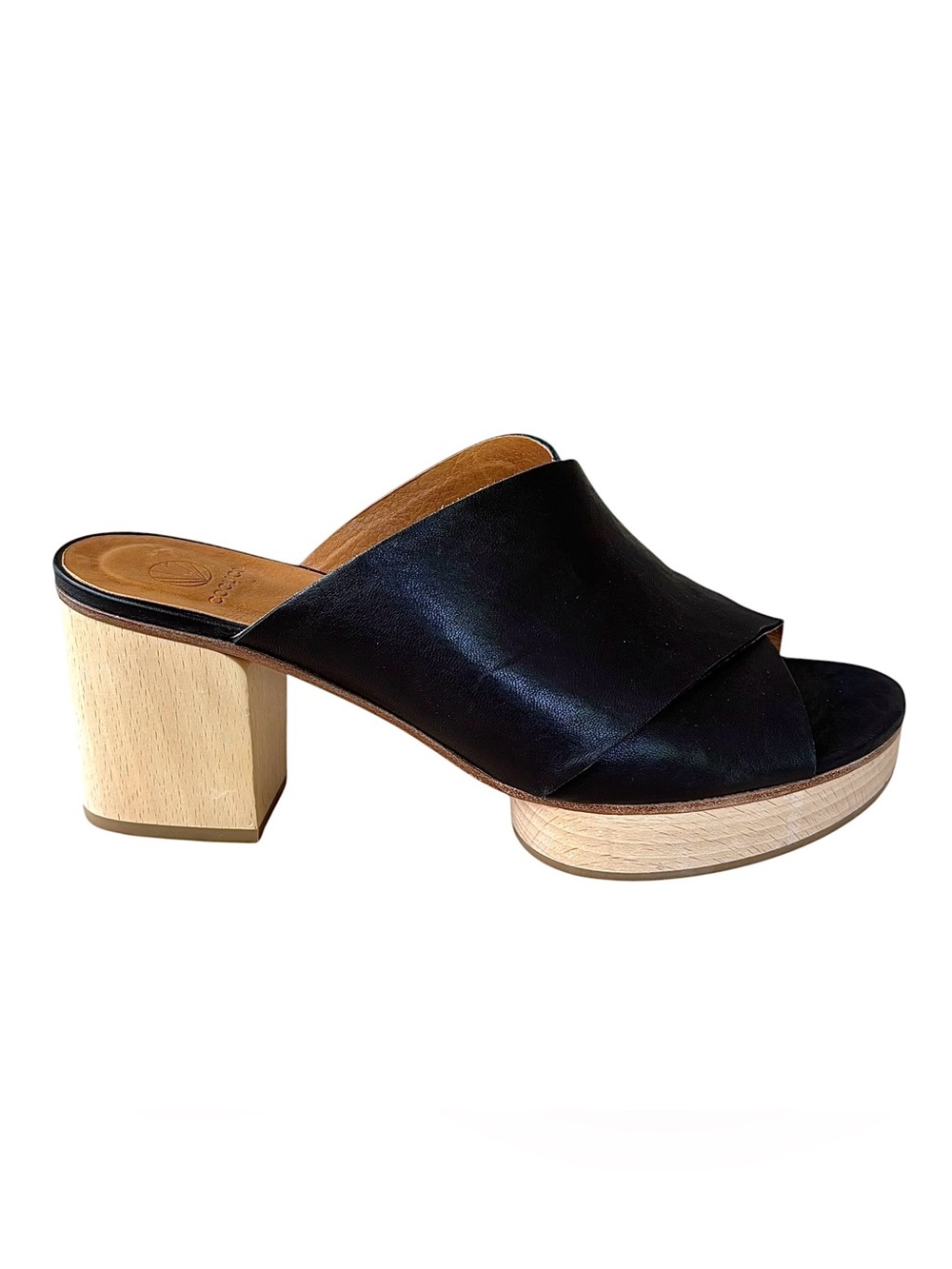 🌹COCLICO “Richie” Black Leather & Wood Slide Platform Heels